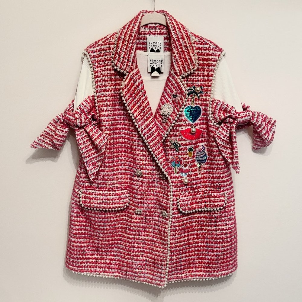 Edward Achour Paris Tweed Waistcoat and Bow Sleeve Ribbed T-shirt Sz FR 48 - NEW